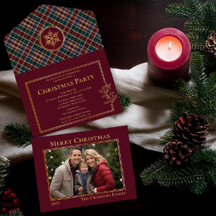 Elegant Holly Berries Plaid Photo Christmas Party All In One Invitation