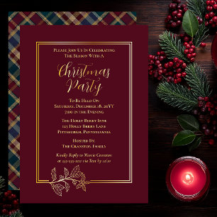 Elegant Holly   Berries Rich Plaid Christmas Party Foil Invitation
