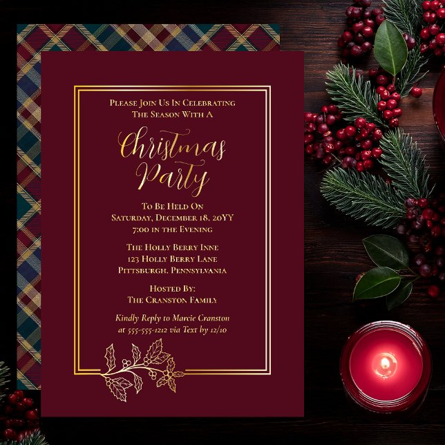 Elegant Holly | Berries Rich Plaid Christmas Party Foil Invitation (Elegant Holly and Berries with Rich Plaid Christmas Party Foil Invitations - Dark Cranberry Red)