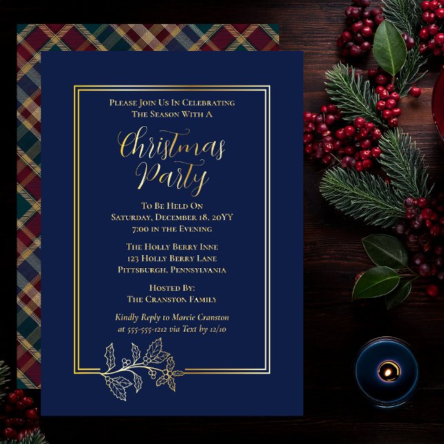 Elegant Holly | Berries Rich Plaid Christmas Party Foil Invitation (Elegant Holly and Berries with Rich Plaid Christmas Party Foil Invitations - Dark Blue)
