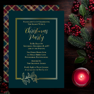 Elegant Holly   Berries Rich Plaid Christmas Party Foil Invitation