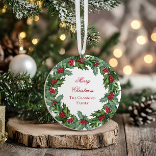Elegant Holly Berries Wreath Merry Christmas Photo Ornament