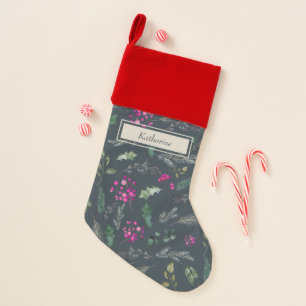 Elegant Holly Berry Blue Christmas  Stocking