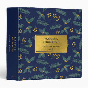 Elegant Holly Berry Christmas Botanical Blue Gold 3 Ring Binder
