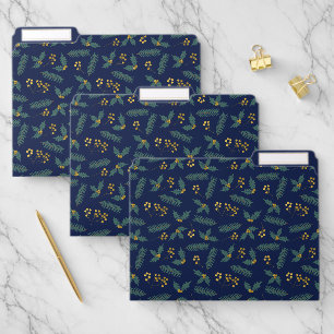 Elegant Holly Berry Christmas Botanical Blue Gold File Folder