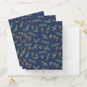 Elegant Holly Berry Christmas Botanical Blue Gold Pocket Folder