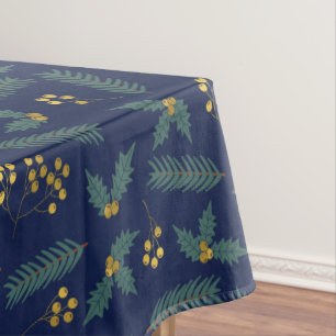 Elegant Holly Berry Christmas Botanical Blue Gold Tablecloth