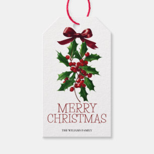 Elegant Holly Berry Christmas Gift Tag with Red Bo