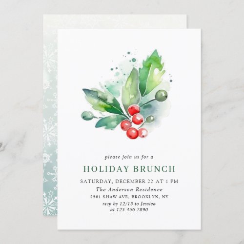 Elegant Holly Berry Christmas HOLIDAY BRUNCH Invitation