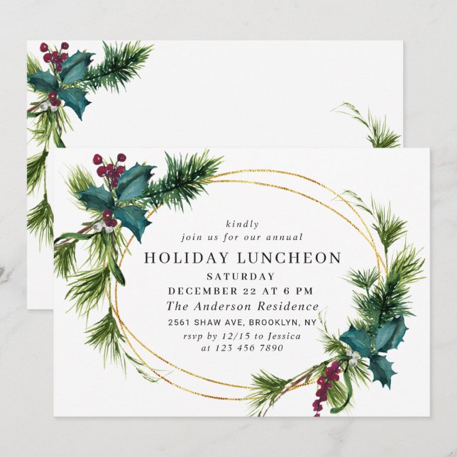 Elegant Holly Berry Christmas HOLIDAY LUNCHEON Invitation (Front/Back)