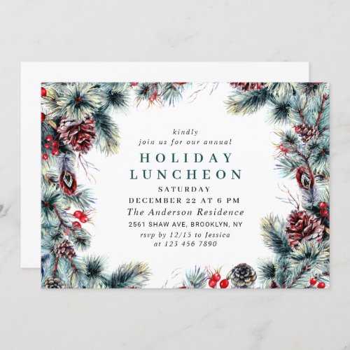 Elegant Holly Berry Christmas HOLIDAY LUNCHEON Invitation