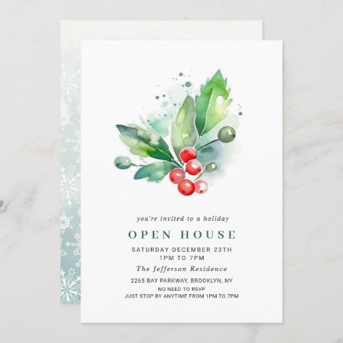 Elegant Holly Berry Christmas Holiday OPEN HOUSE Invitation