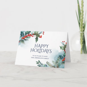 Elegant Holly Berry Christmas Mistletoe Greeting Holiday Card