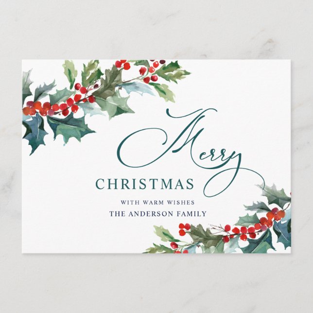 Elegant Holly Berry Christmas Mistletoe Greeting Holiday Card (Front)
