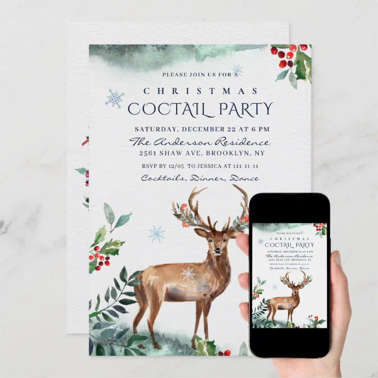 Elegant Holly Berry Deer Christmas COCTAIL PARTY Invitation | Zazzle