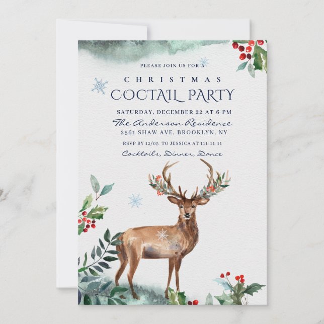 Elegant Holly Berry Deer Christmas COCTAIL PARTY Invitation (Front)