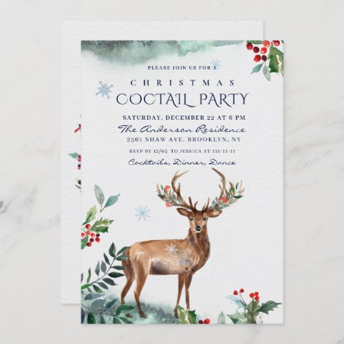 Elegant Holly Berry Deer Christmas COCTAIL PARTY Invitation