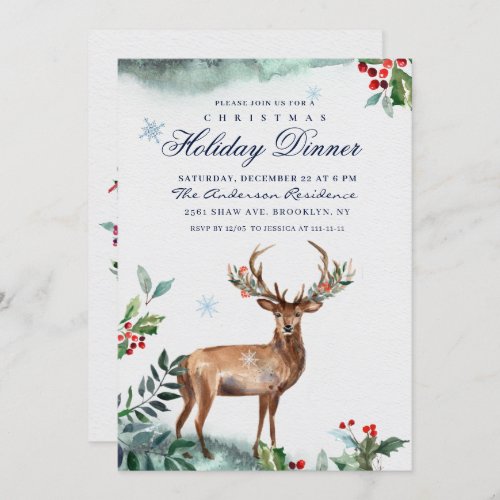 Elegant Holly Berry Deer Christmas Holiday Dinner Invitation