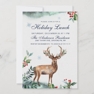 Elegant Holly Berry Deer Christmas Holiday Lunch Invitation