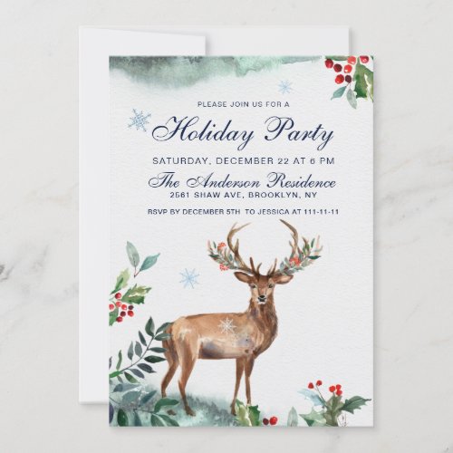 Elegant Holly Berry Deer Christmas Holiday Party Invitation