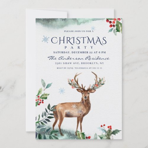 Elegant Holly Berry Deer Christmas Holiday Party Invitation