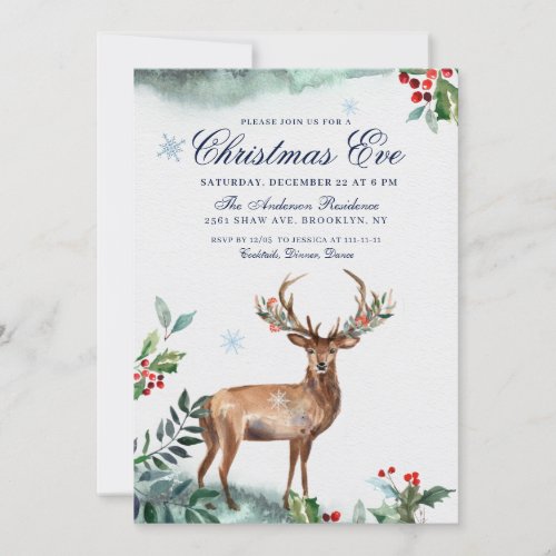 Elegant Holly Berry Deer Holiday CHRISTMAS EVE Invitation