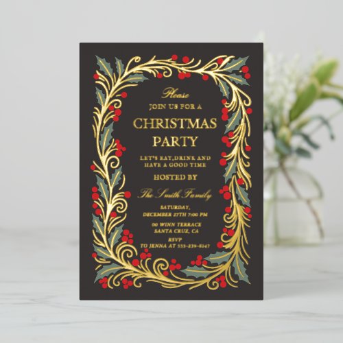 Elegant Holly Berry Gold Foil Christmas Party Invitation