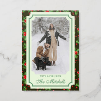 Elegant Holly Berry Green Leaves Christmas Holiday Letterpress Photo Cards