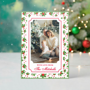 Elegant Holly Berry Green Leaves Christmas Holiday Letterpress Photo Cards
