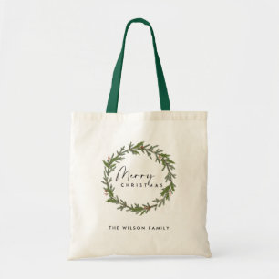 ELEGANT HOLLY BERRY GREEN WREATH MERRY CHRISTMAS TOTE BAG