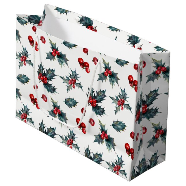 Elegant Holly Berry Holiday Christmas Rustic Large Gift Bag (Front Angled)
