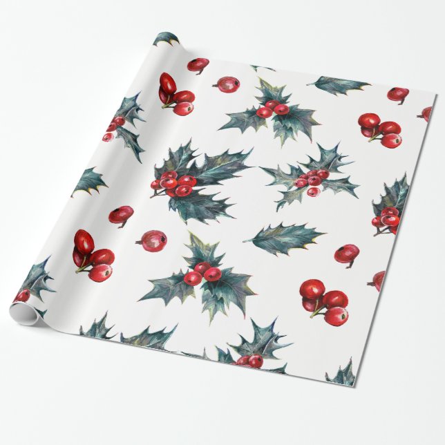 Elegant Holly Berry Holiday Christmas Rustic Wrapping Paper (Unrolled)