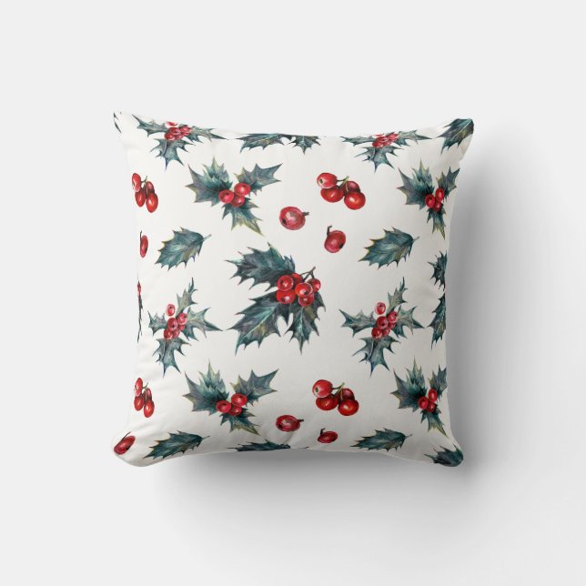 Elegant Holly Berry Holiday Winter Berries Rustic Throw Pillow (Front)