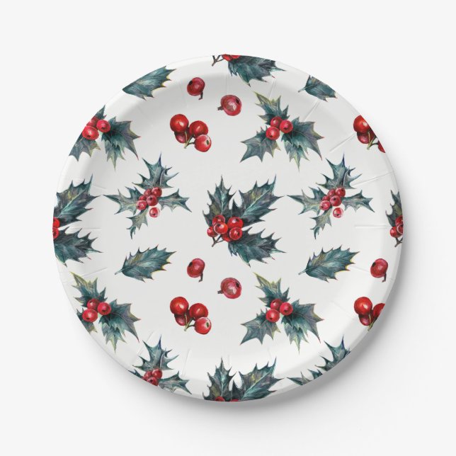 Elegant Holly Berry Holiday Winter Wedding Party Paper Plates (Front)