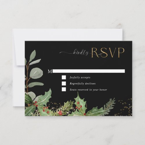 Elegant Holly Berry n Pine Black n Gold Wedding RSVP Card