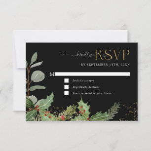 Elegant Holly Berry n Pine Black n Gold Wedding RSVP Card