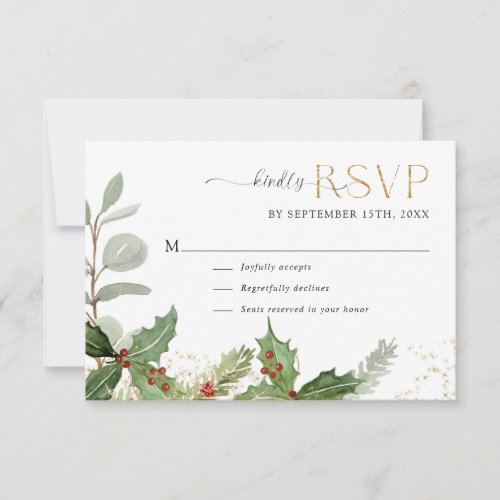 Elegant Holly Berry n Pine Gold Stars Wedding RSVP Card