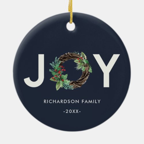 ELEGANT HOLLY BERRY NAVY RED JOY WREATH CHRISTMAS CERAMIC ORNAMENT