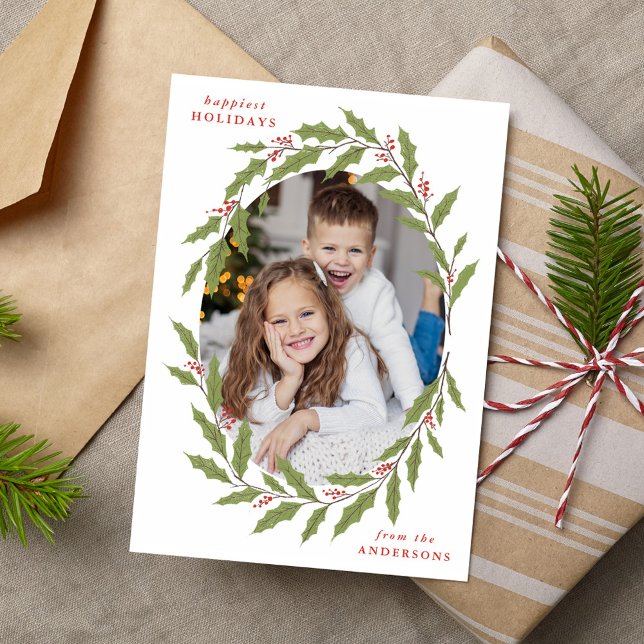 Elegant Holly Berry Oval Wreath 3 Photo Holiday Card (Creator Uploaded)