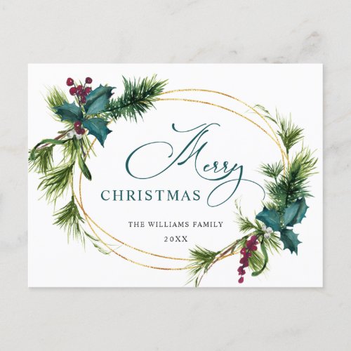 Elegant Holly Berry Pine Fir Christmas Holiday Postcard