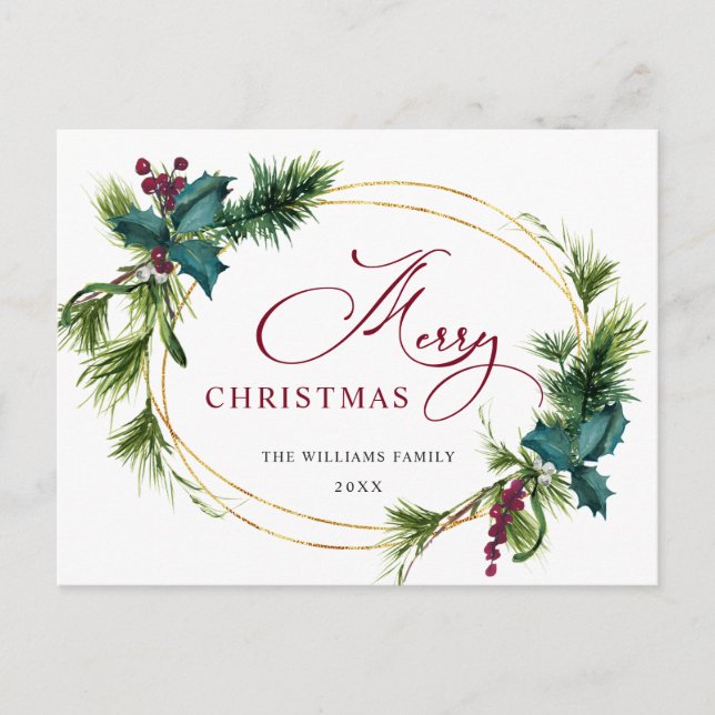 Elegant Holly Berry Pine Fir Christmas Holiday Postcard (Front)