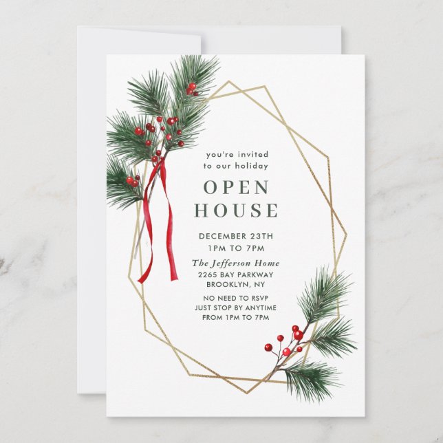 Elegant Holly Berry Pine Fir Christmas Open House Invitation (Front)