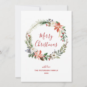 Elegant Holly Berry   Poinsettia Wreath Non Photo Holiday Card