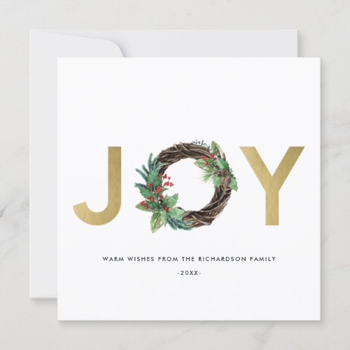 ELEGANT HOLLY BERRY RED GOLD JOY WREATH CHRISTMAS HOLIDAY CARD