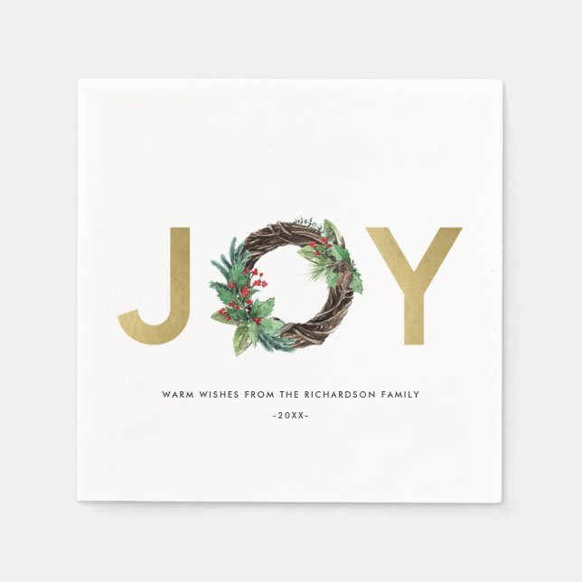ELEGANT HOLLY BERRY RED GOLD JOY WREATH CHRISTMAS NAPKINS (Front)