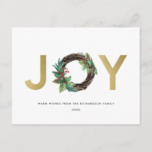 ELEGANT HOLLY BERRY RED GOLD JOY WREATH CHRISTMAS POSTCARD