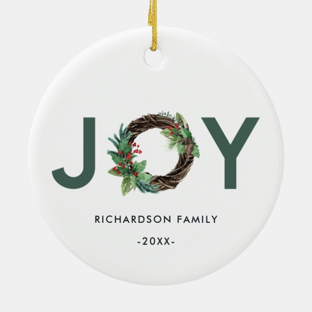 ELEGANT HOLLY BERRY RED GREEN JOY WREATH CHRISTMAS CERAMIC ORNAMENT (Back)