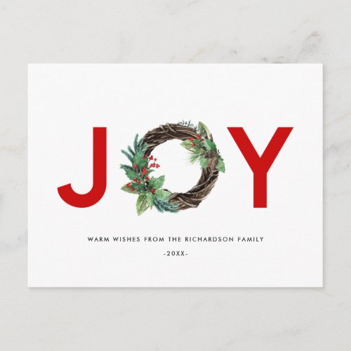 ELEGANT HOLLY BERRY RED GREEN JOY WREATH CHRISTMAS POSTCARD