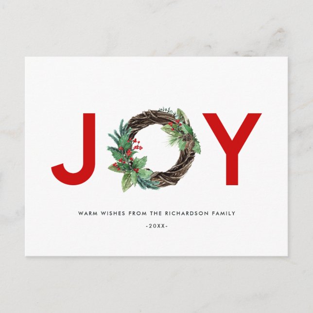 ELEGANT HOLLY BERRY RED GREEN JOY WREATH CHRISTMAS POSTCARD (Front)
