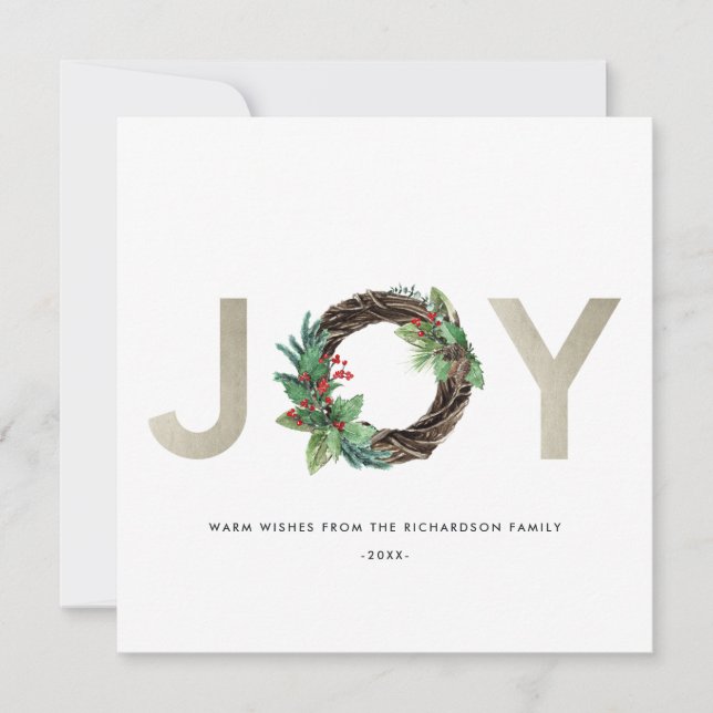 ELEGANT HOLLY BERRY SILVER JOY WREATH CHRISTMAS HOLIDAY CARD (Front)